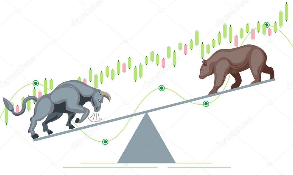 bull and bear market seesaw vector illustration
