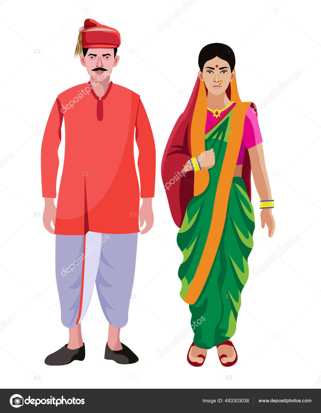 Pune Maharashtra Man Woman Couple Traditional Dress Illustration Stock ...