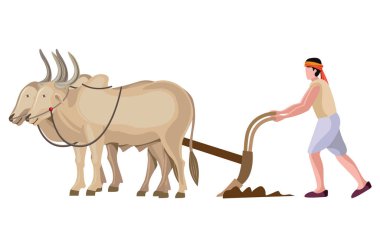 Hintli, Asyalı çiftçi boğa vektör illüstrasyonuyla çiftçilik yapıyor.