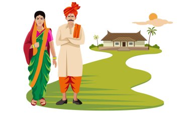 maharashtra man and woman, in traditional dress standing in front of rural home illustration clipart