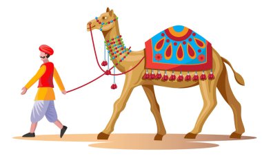 Rajasthan adamı çöl vektör çiziminde develerle yürüyor.