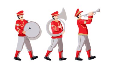 müzik bandı karakterleri kırmızı elbise vektör illüstrasyonunda yürüyorlar