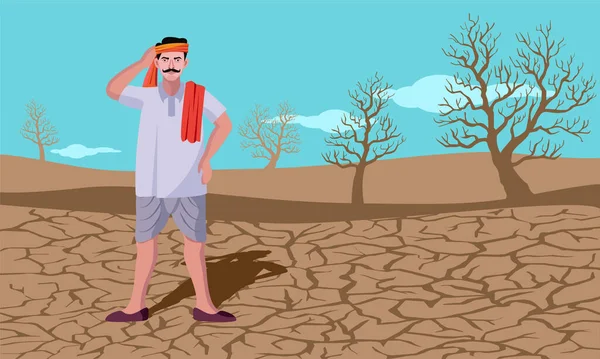 印第安旱情 破碎的土地和忧心忡忡的印第安农民病媒图解 — 图库矢量图片