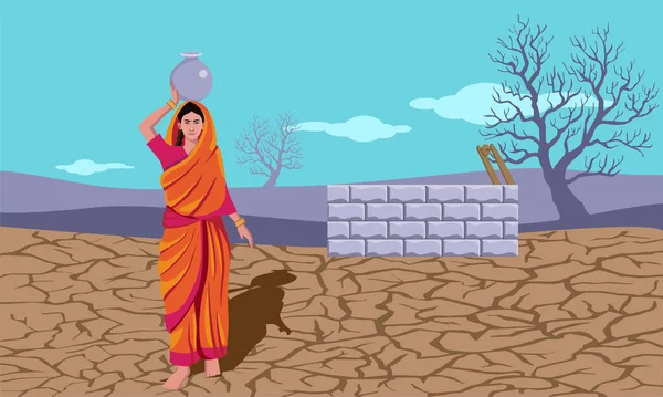 Susza Warunki Indyjskie Kobiety Niosące Wodę Wektorze Głowy Ilustracja — Wektor stockowy