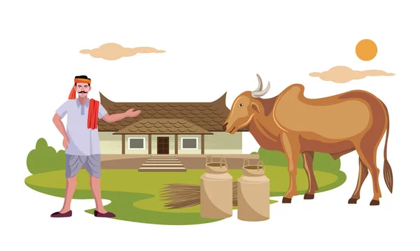 Agricultor Indiano Leiteiro Com Vaca Indígena Frente Casa Rural Ilustração — Vetor de Stock