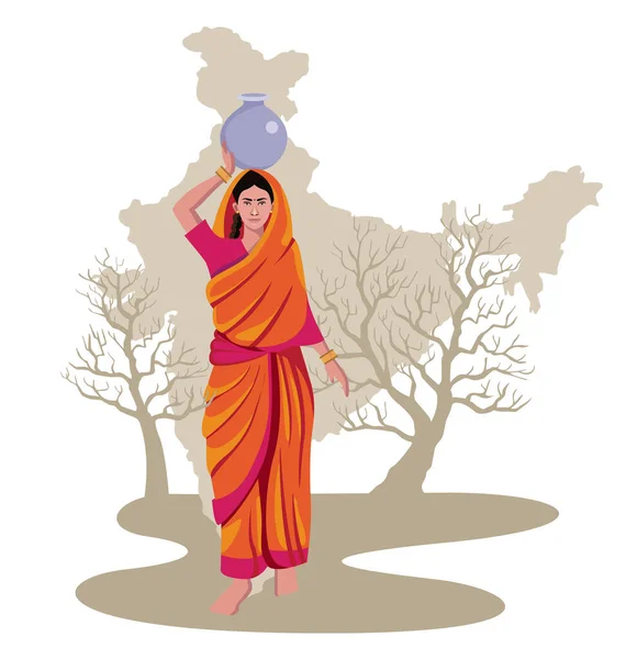 Hindistan Haritasıyla Taşıyan Hintli Kadın Kuraklık Durumu Vektör Çizimi — Stok Vektör