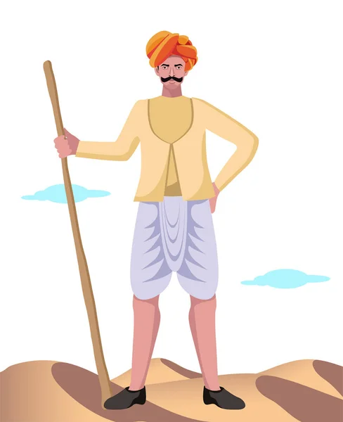 Rajasthan Rabari Hombre Pie Con Palo Vector Ilustración — Vector de stock