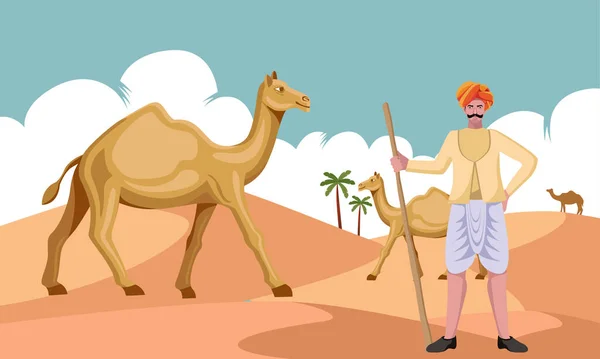 Rajasthan Rabari Homem Com Camelos Deserto Vetor Ilustração — Vetor de Stock