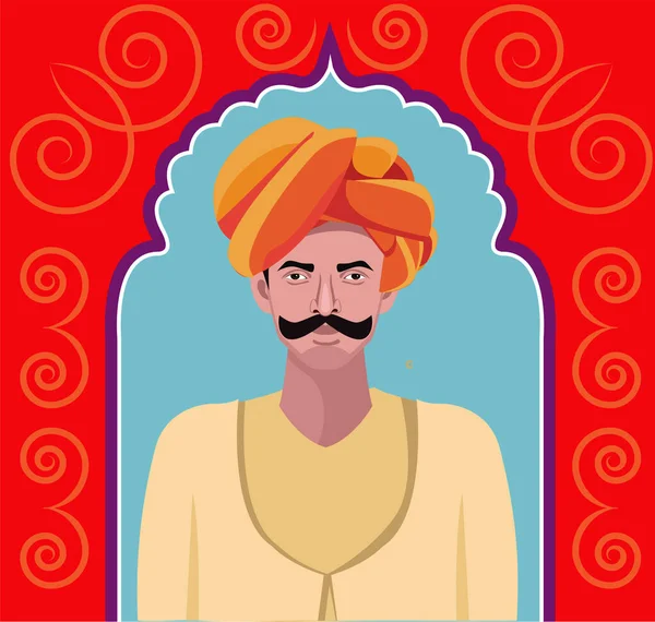 Rajasthani Man Met Snor Decoratieve Venster Vector Illustratie — Stockvector