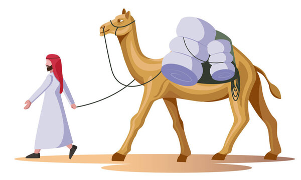 arab man walking with camel vector isolated illustration