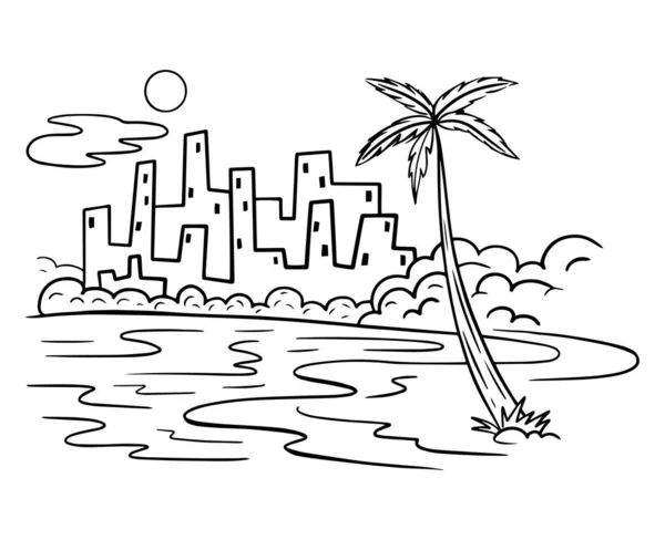 Ręcznie Rysowane Wybrzeże Miasto Wektor Plaży Ilustracja — Wektor stockowy
