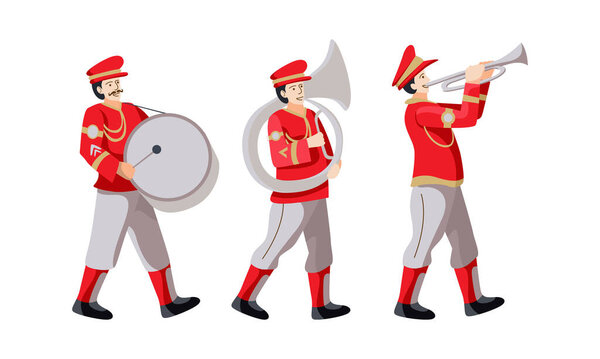 Музыкальные персонажи духовых оркестров маршируют в красной векторной иллюстрации