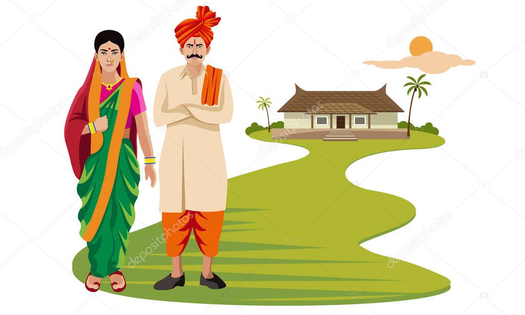 maharashtra man and woman, in traditional dress standing in front of rural home illustration