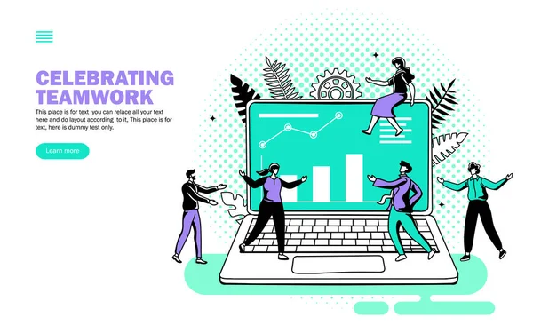 Trabalho Equipe Com Computador Gráfico Ilustração Vetorial Ambiente Trabalho —  Vetores de Stock