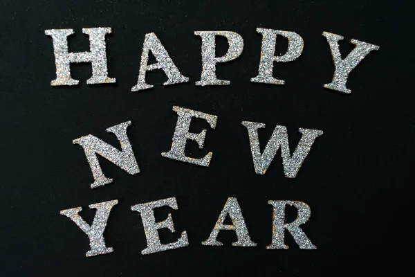 Inscription Black Background Wooden Shiny Letters Happy New Year — Stock Photo, Image