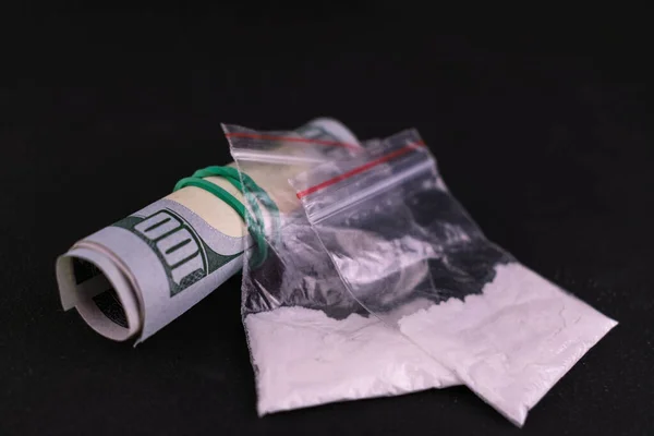 Paquetes Drogas Dinero Fondo Negro Drogas Peligrosas Concepto Copiar Espacio — Foto de Stock