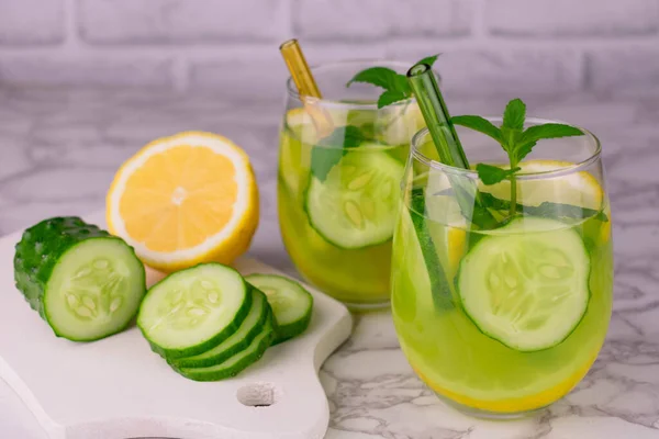 Cucumber water with lemon and mint. Summer refreshing detox drink