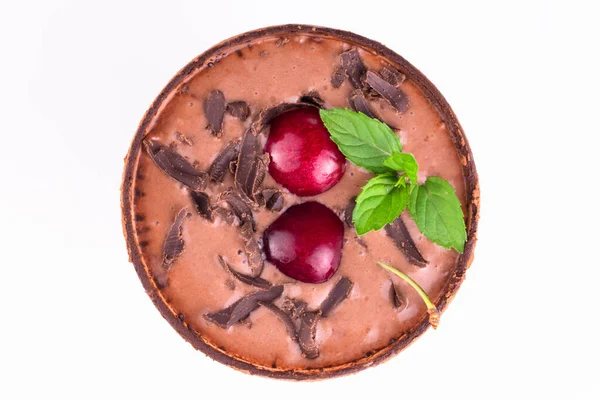 Chocolate Smoothies Cherries White Background Flat Lay — Stock Photo, Image