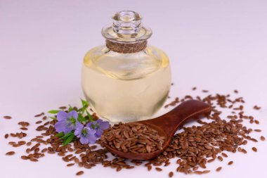 Healthy flaxseed oil in a small bottle on a white background.