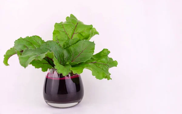 Beyaz arka planda bir bardak pancar suyu. Pancar şeklinde bir bardak meyve suyu. Boşluğu kopyala.