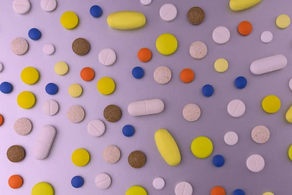 Gyógyszeres Háttér Különböző Tabletták Egy Szürke Háttér — Stock Fotó