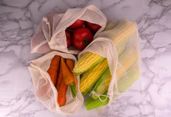 Zero Waste Shopping Concept Vegetables Eco Cotton Bags Table Plastic — Stock Photo, Image