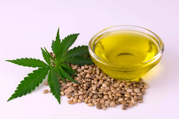 Beyaz arka planda kenevir tohumu yağı ve taze kenevir yaprakları..