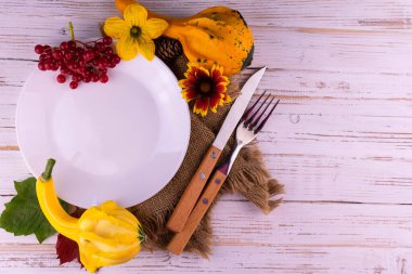 Şükran Günü geçmişi. Tabak ve çatal bıçaklı balkabakları. Düşmüş yapraklar, kızılcık dutları, çam kozalakları ve beyaz ahşap arka planda çatal bıçak takımı olan boş bir tabak. Boşluğu kopyala.