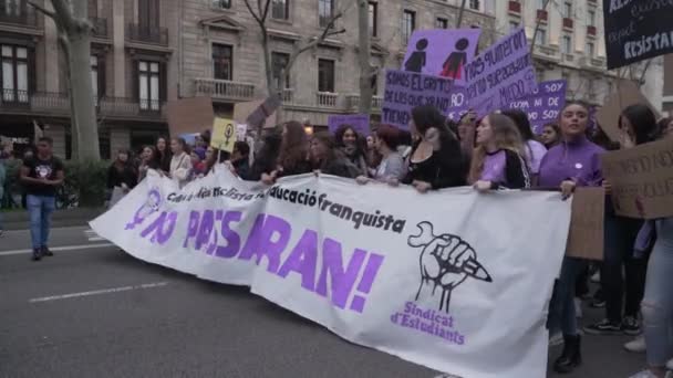 Unga flickor på en feministisk procession längs en stadsgata. — Stockvideo