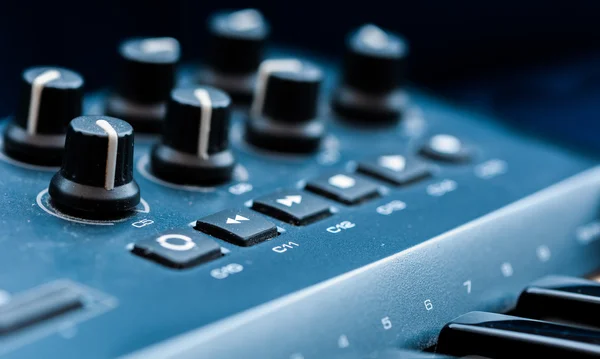 Synthesizer patch panel Close-up button knob — Stock Photo, Image