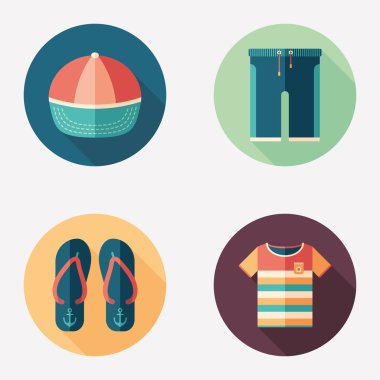 Renkli beachwear düz yuvarlak simge seti.