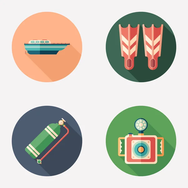 Diving and recreation flat round icon set.