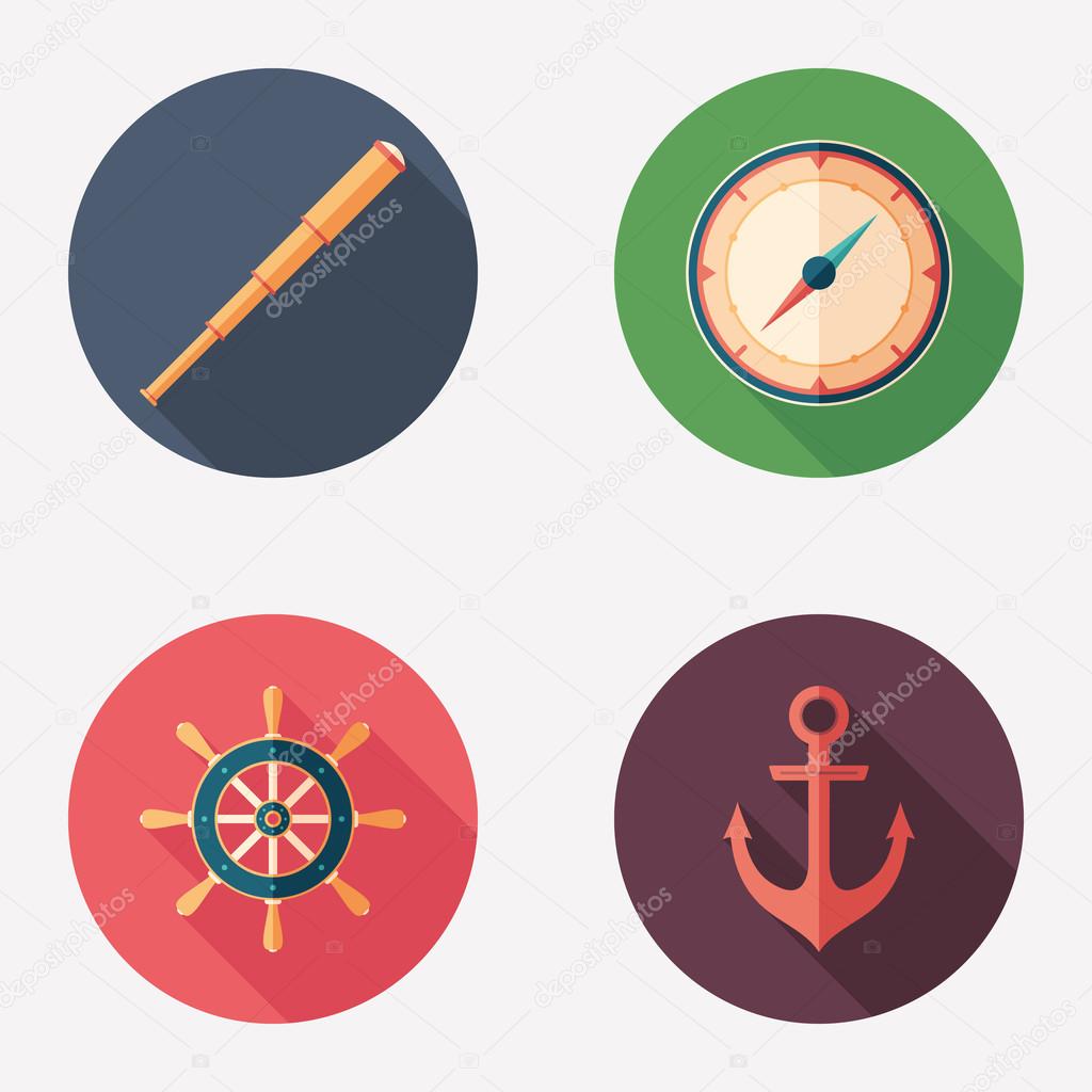 Marine navigation flat round icon set.