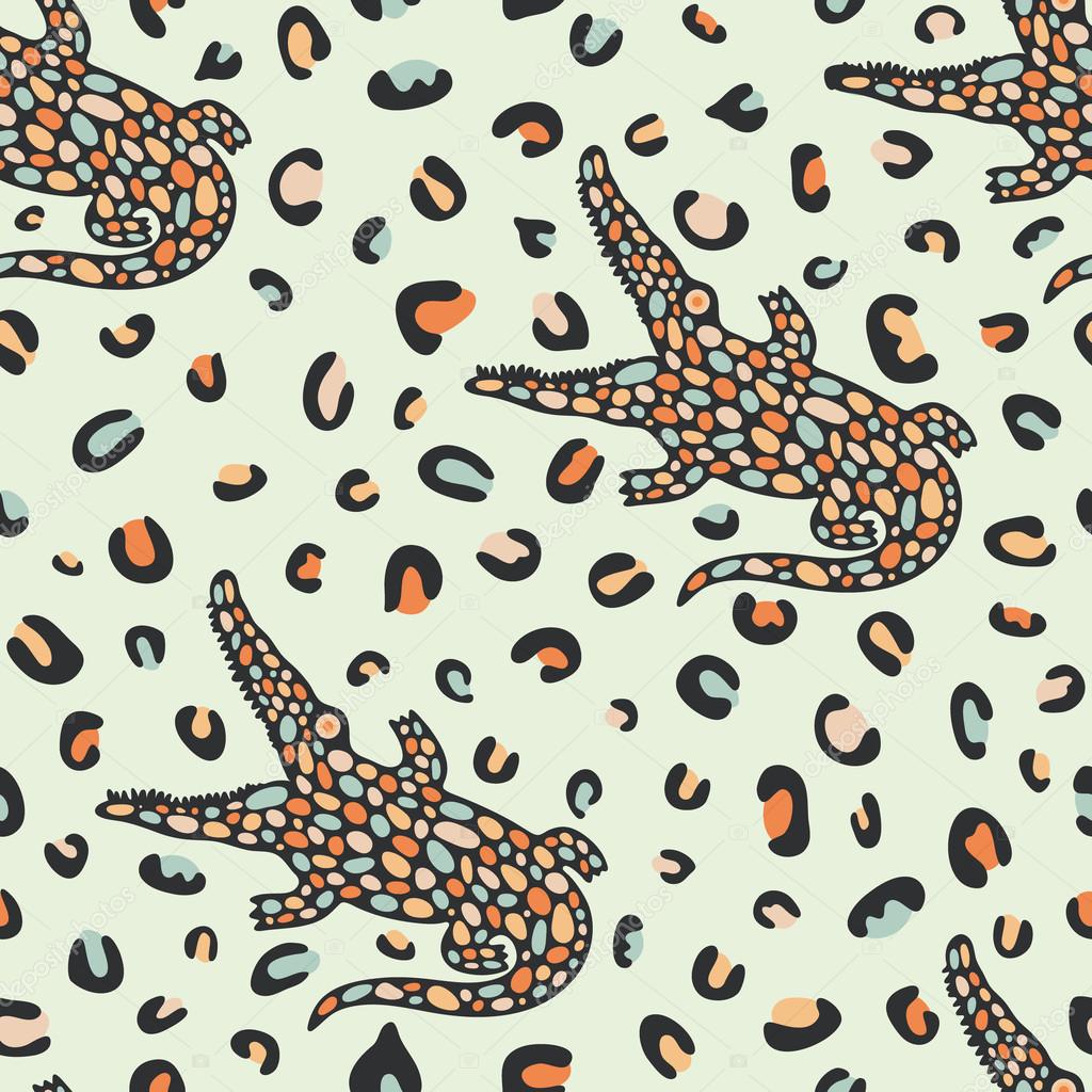 Seamless pattern with crocodiles and colored forms.