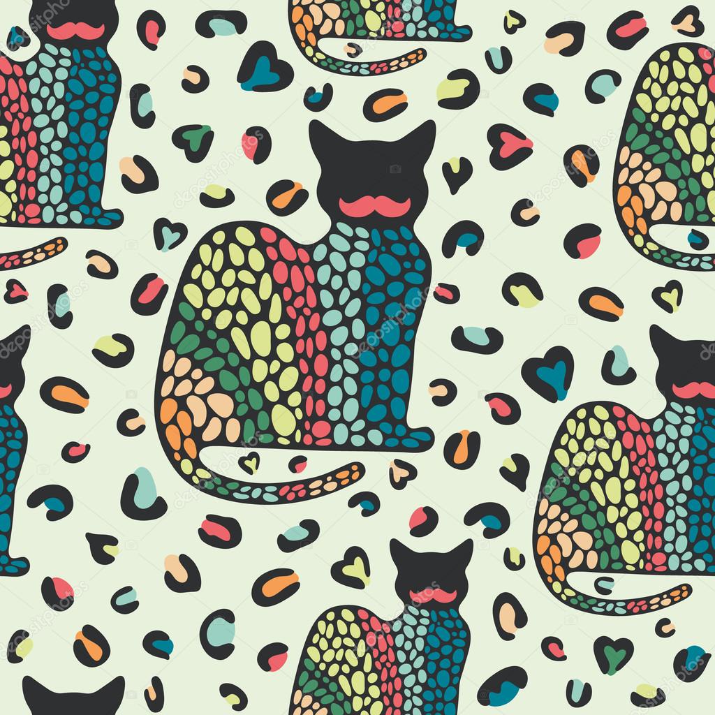 Seamless pattern with cats and colored forms.