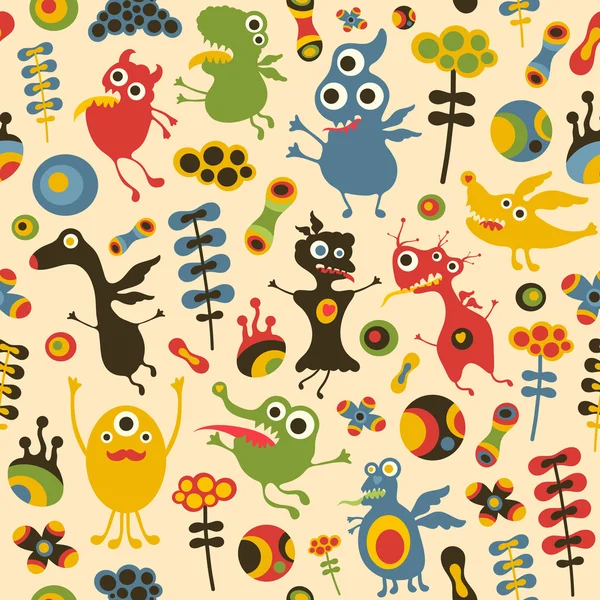 Kleurrijke naadloze patroon met happy monsters en bloemen. — Stockvector