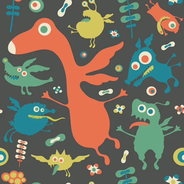 Retro seamless pattern with colorful monsters. — Stock Vector