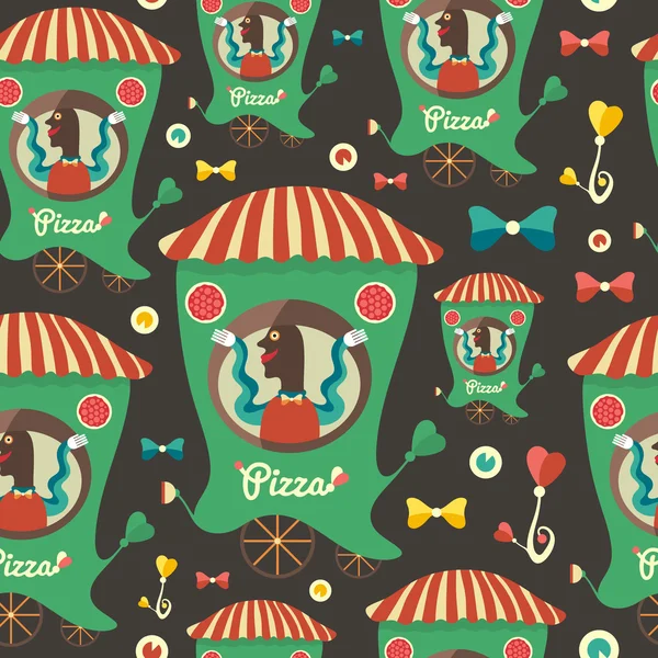 ピザの販売とレトロなシームレス パターン. — ストックベクタ