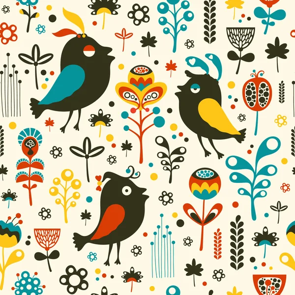 Colorful seamless pattern with birds and flowers. — Stock Vector