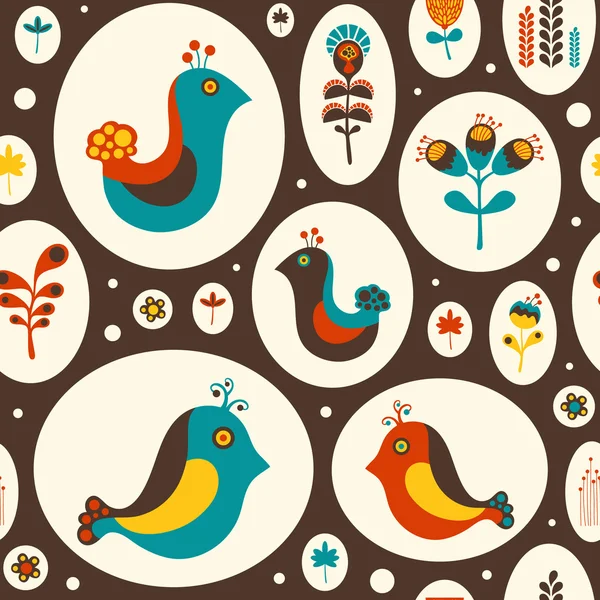 Seamless pattern with birds and flowers on brown background. — Stock Vector