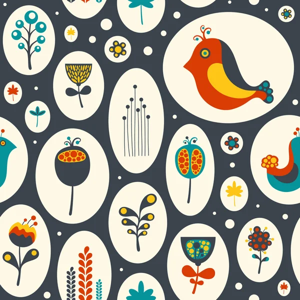 Seamless pattern with flowers and birds on gray background. — Stock Vector