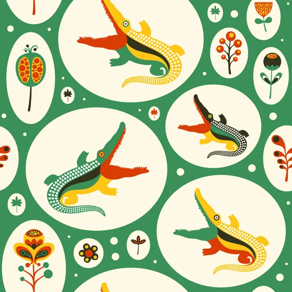 Modèle sans couture avec des crocodiles colorés et des fleurs . — Image vectorielle