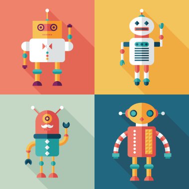 Robotlar uzun gölgeler ile kare simgeler düz. 11 ayarla