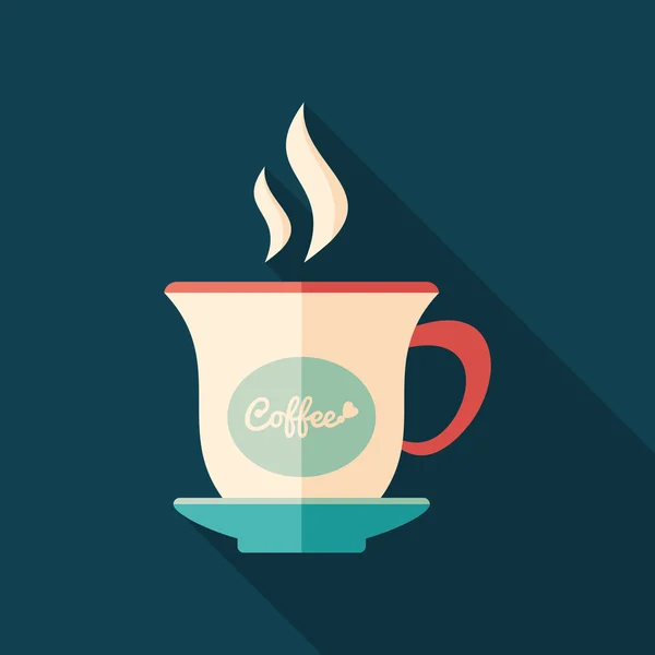 Taza de café plana icono cuadrado con sombras largas . — Vector de stock