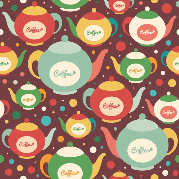Colorful seamless pattern with coffee kettles and circles. — Stock Vector