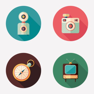 Retro fotoğraf makinesi ile saat ve Tv düz yuvarlak simgeler.