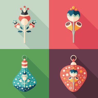 Colorful flowers and Christmas tree toys flat square icons. clipart