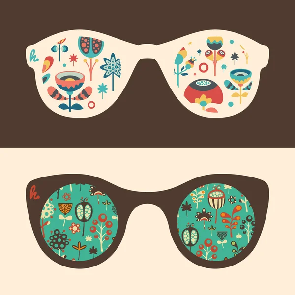 Conjunto de óculos de sol hipster com flores coloridas e folhagem . —  Vetores de Stock