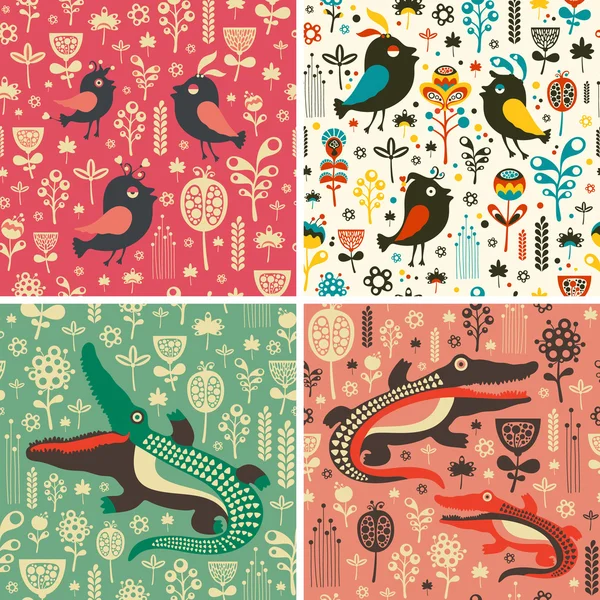 Set of floral seamless patterns with birds and crocodiles. — Stock Vector