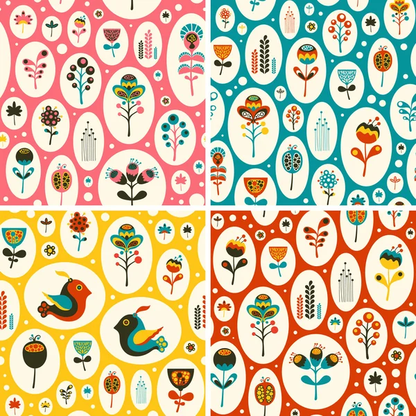 Set of seamless patterns with flowers and birds in snowballs. — Stock Vector